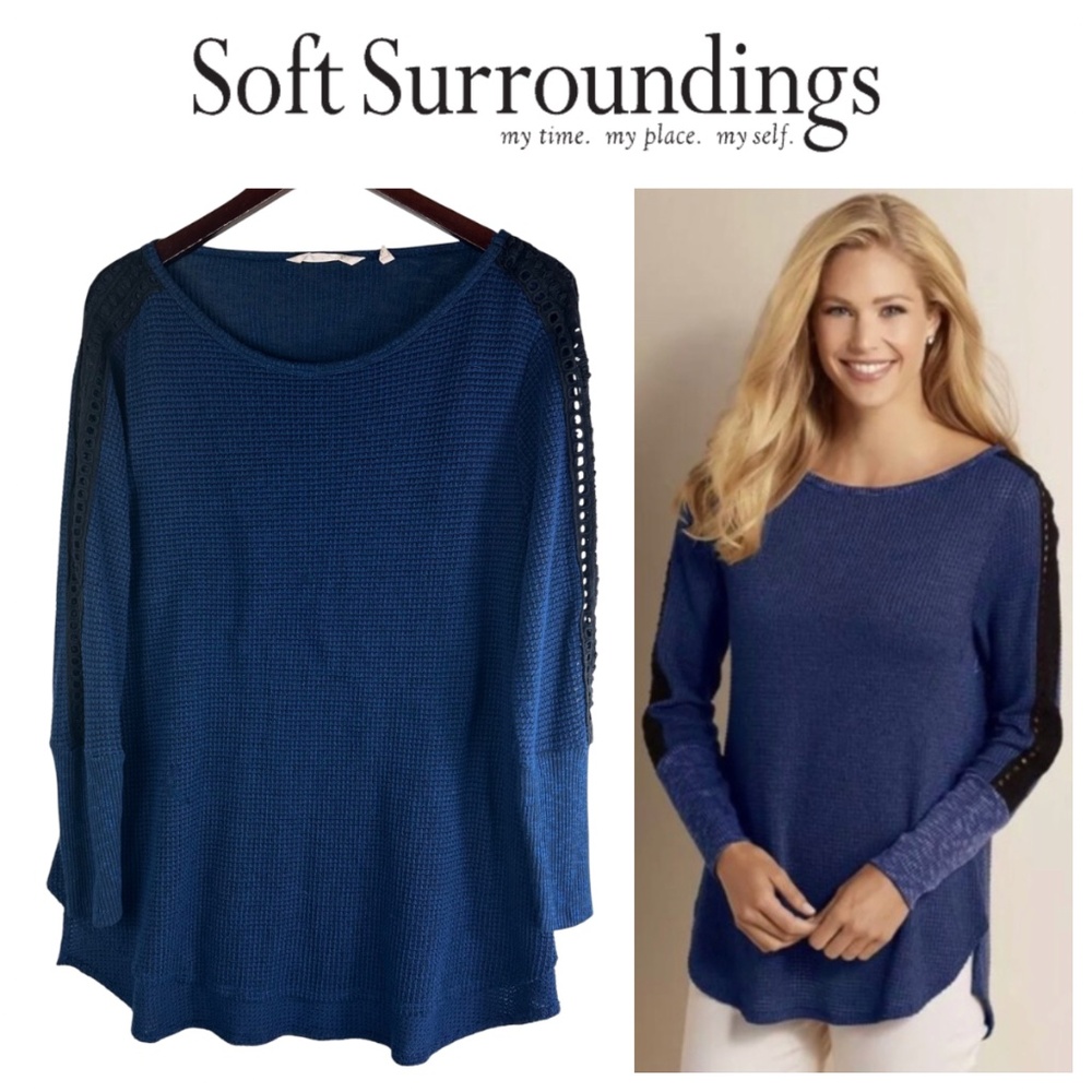 Soft Surroundings Bailey Waffle Crochet Shirt Top Tunic Sz Large Blue Black